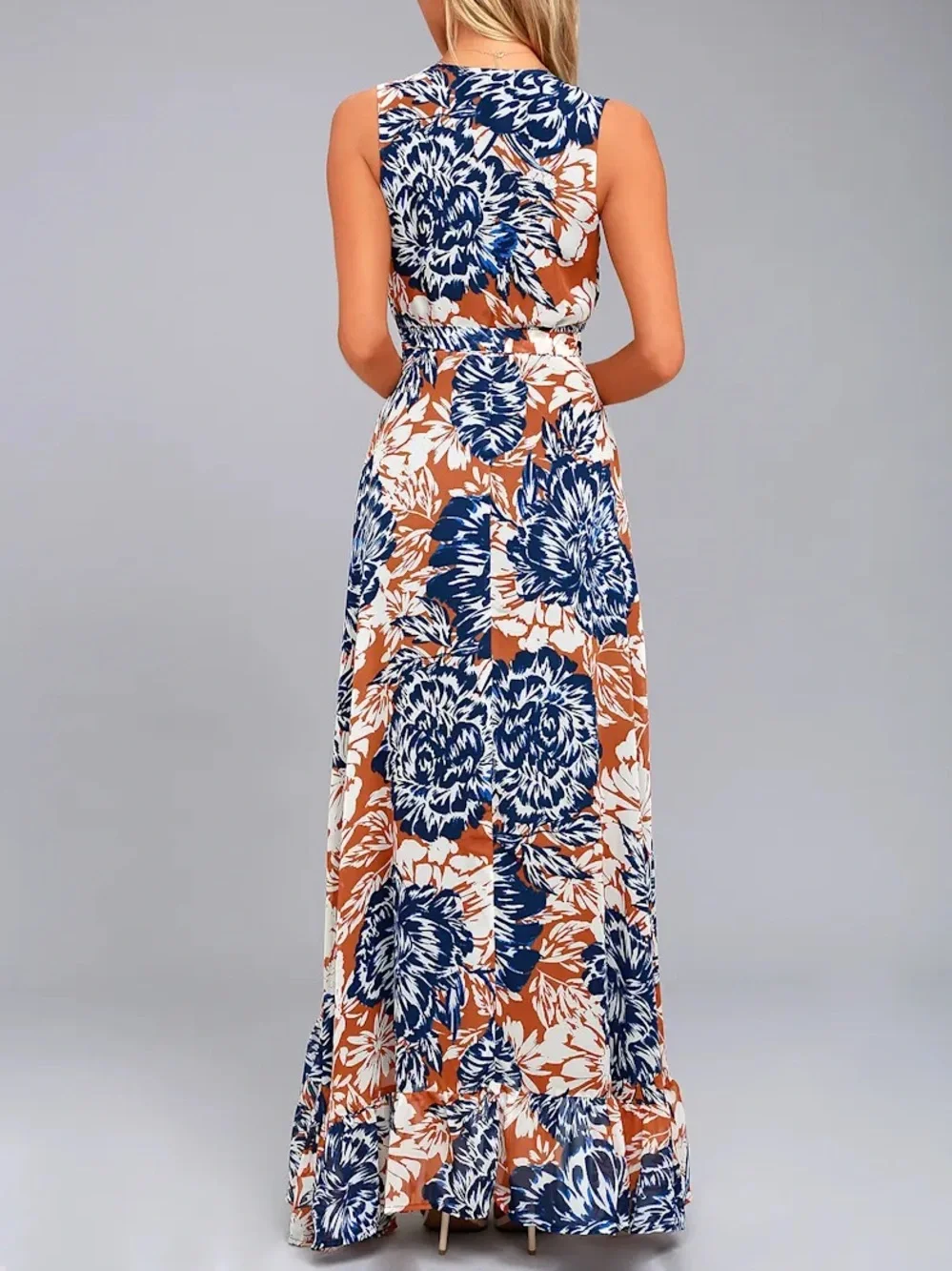 Lulu’s Desert Trip Rust Orange Floral Print High-Low Wrap Dress - Picture 2 of 4